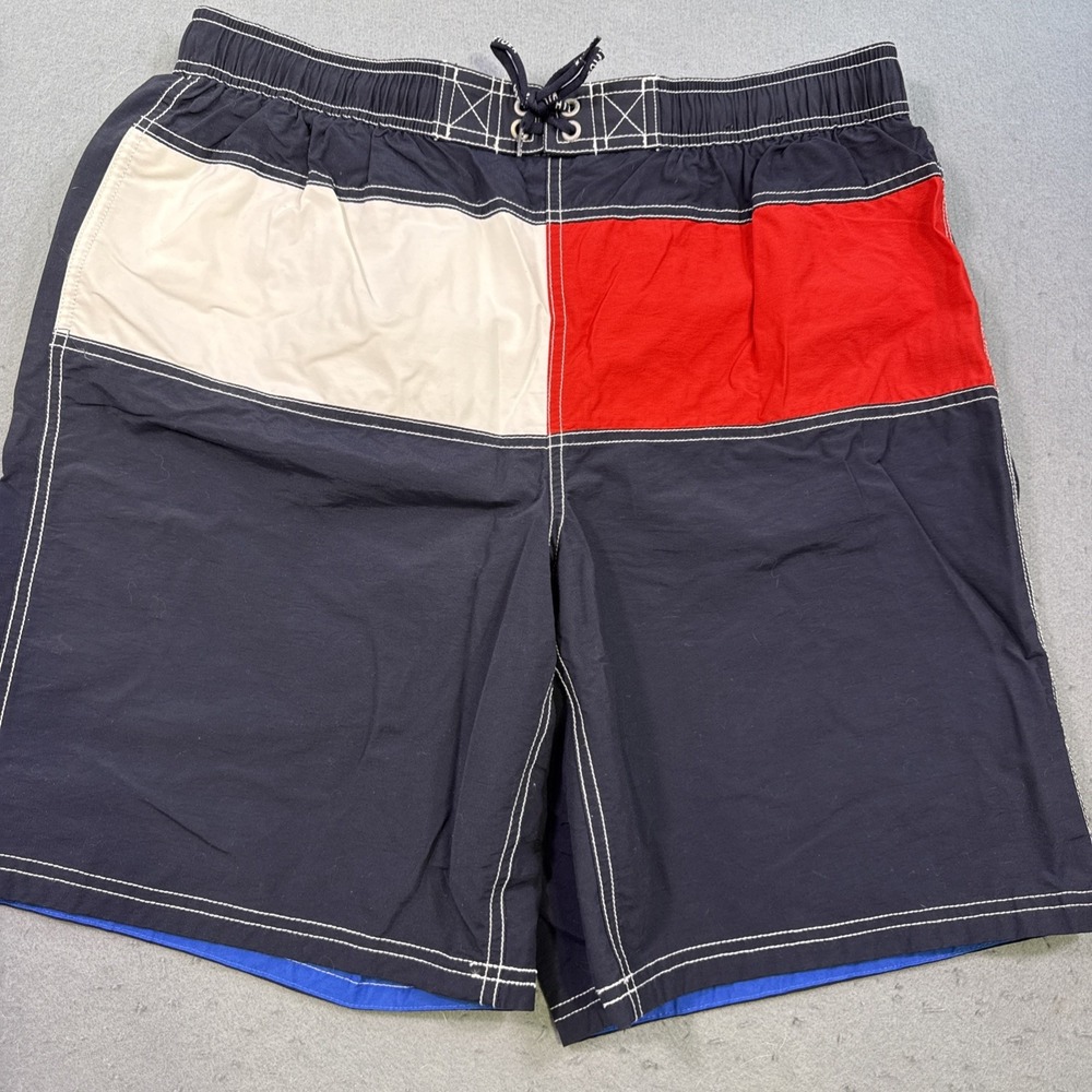 Vintage 90s Tommy Hilfiger SHORTS Big Flag Swim Trunks Mens Large Colorblock